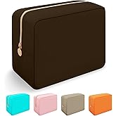 Iqimott Nylon Large Makeup Bag Travel Pouch, Preppy Big Cosmetic Bag Makeup Organizer Nylon Large Capacity Toiletry Bag, Waterproof Large Zipper Pouch Storage Bag for Women Girls Teens(Brown)