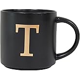 COLLECTIVE HOME - Monogram Ceramic Mugs, 15 oz Golden Initial Black Coffee Cups, Elegant Alphabet Tea Mugs, Elegant Personalized Mug with Gift Box, Unique Mug with Double Side Capital Lette (T)