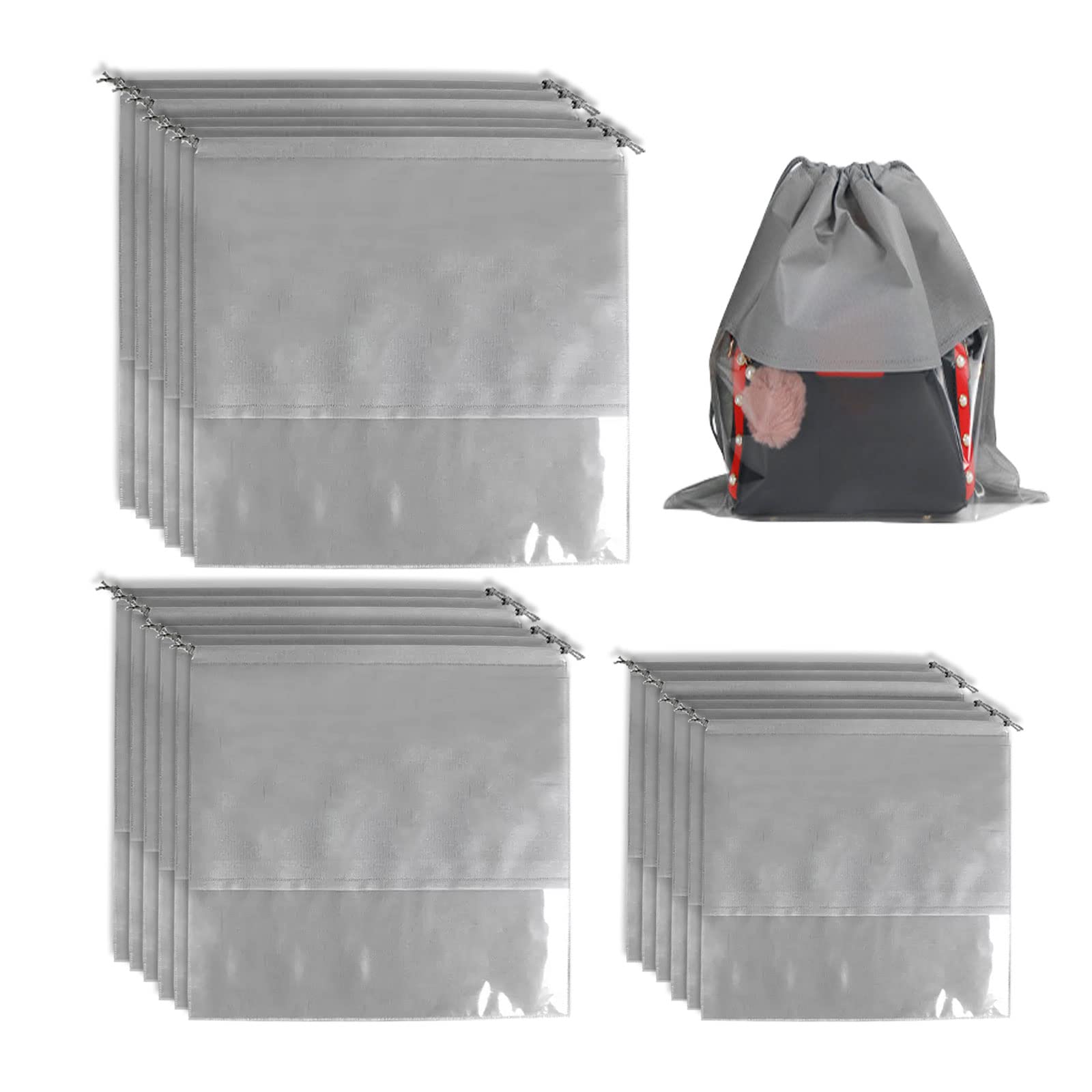 JOJOCY 18Pcs Dust Bags for Handbags 3 Sizes Non-Woven Fabric Dustproof Drawstring Bag Clear Window Dust Cover Storage Bags Handbag Storage Organizer (Grey)
