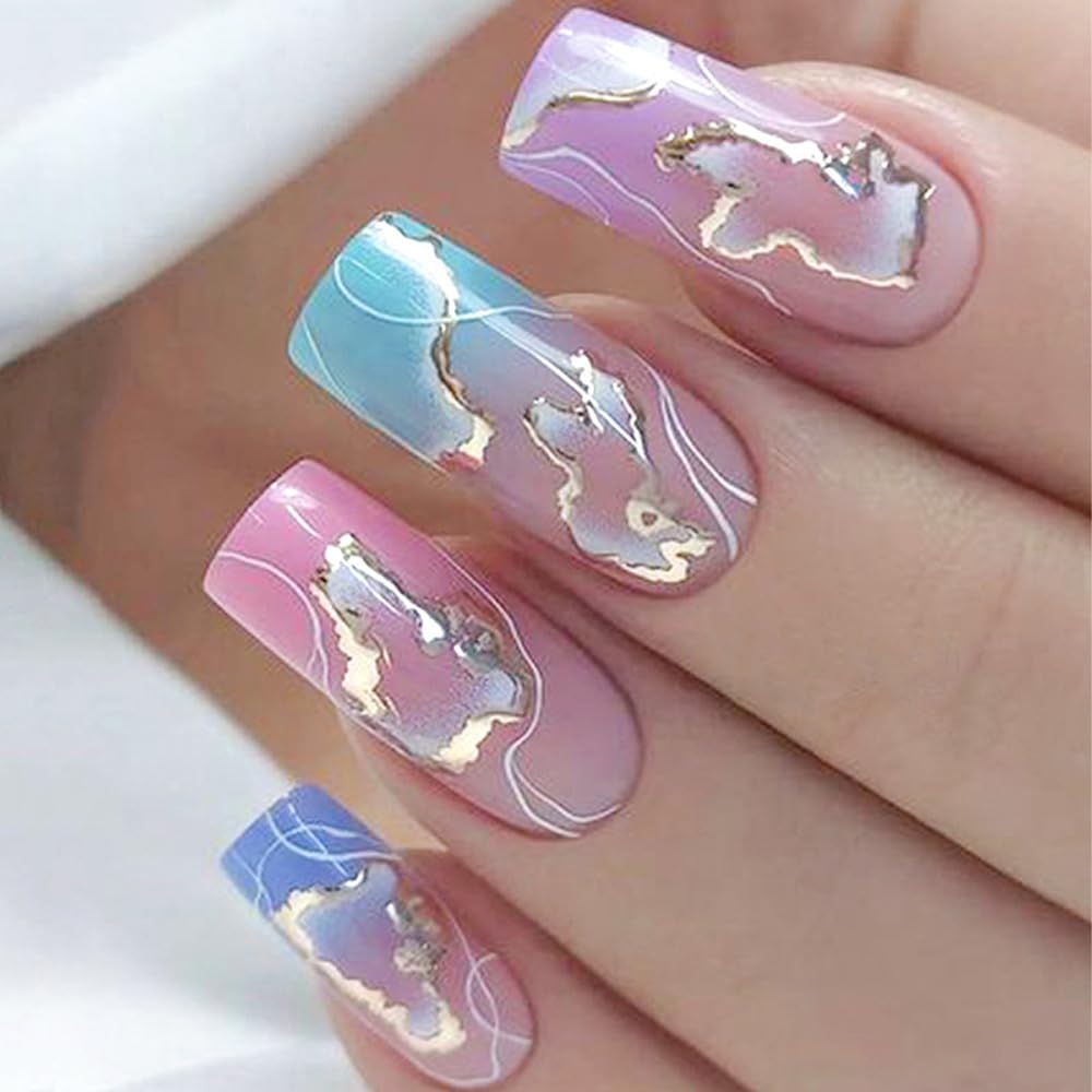 ANDGING Marble Press on Nails Square Short Medium Pink Fake Nails with Gold Leaf Curved Line Design Glue on Nails for Women Girls Acrylic False Nails with Glue Gel Stick on Nails for Birthday Wedding