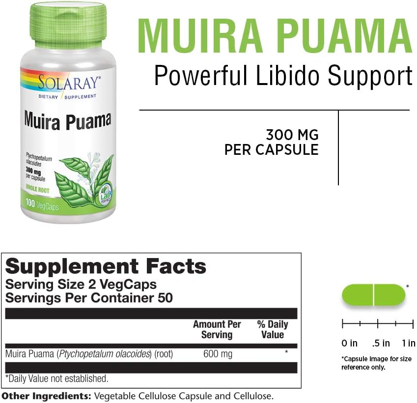 Solaray Muira Puama Root 600 mg | Healthy Energy, Physical Performance & Libido Support | 50 Servings | 100 VegCaps: Health & Personal Care