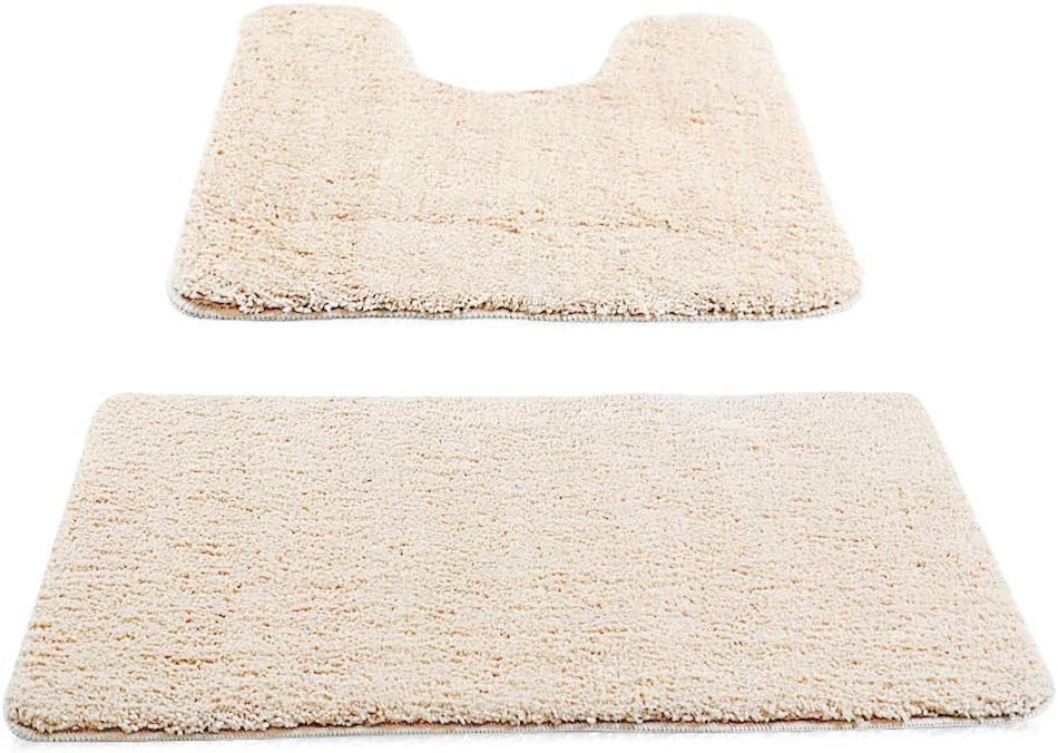 New Power 2 Pack Non-slip Bathroom Rugs,Shag Shower Bath Mats Machine-washable,Water Absorbent Soft Microfibers-Beige,(19.7" x 31.5"/17.7" x 19.3"-U).