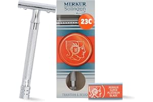 MERKUR 23C Double Edge Safety Razor - Polished Chrome, Long Knurled Brass Handle, Made in Germany, Plastic-Free, Three Piece Design, Closed Comb, Straight Bar