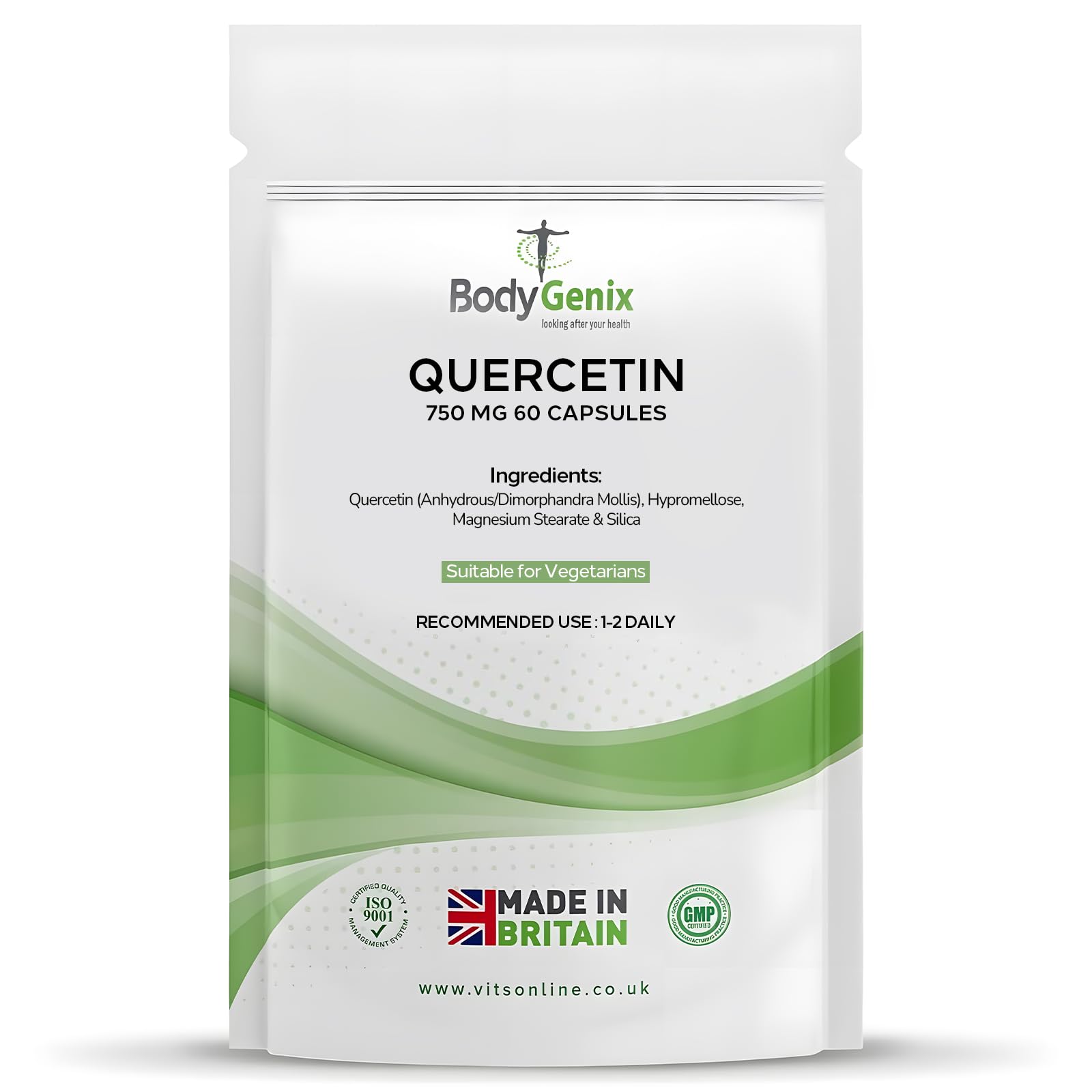 Bodygenix Quercetin 750mg Capsules - Immune System Brain Cardiovascular Health Joints Support Energy Boost Natural Vegan Supplement - 60 Capsules 2 Month Supply