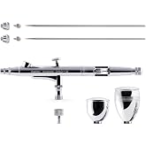 Gaahleri Airbrush Kit, Airbrush Gun Dual-Action Gravity 1/2 &amp; 1/4 oz Fluid Cup, 0.35 &amp; 0.5 mm Needle, Cost-Effective Air Brush Set Makeup Nail Art Painting Model Coloring Cake Decor Silver