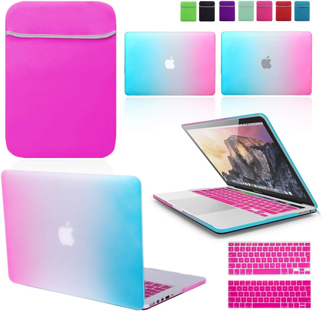 BUNDLE - Rainbow Hard Shell Case with matching Hot Pink Keyboard Skin and Neoprene Sleeve Cover for 13" & 15-inch Apple MacBook PRO