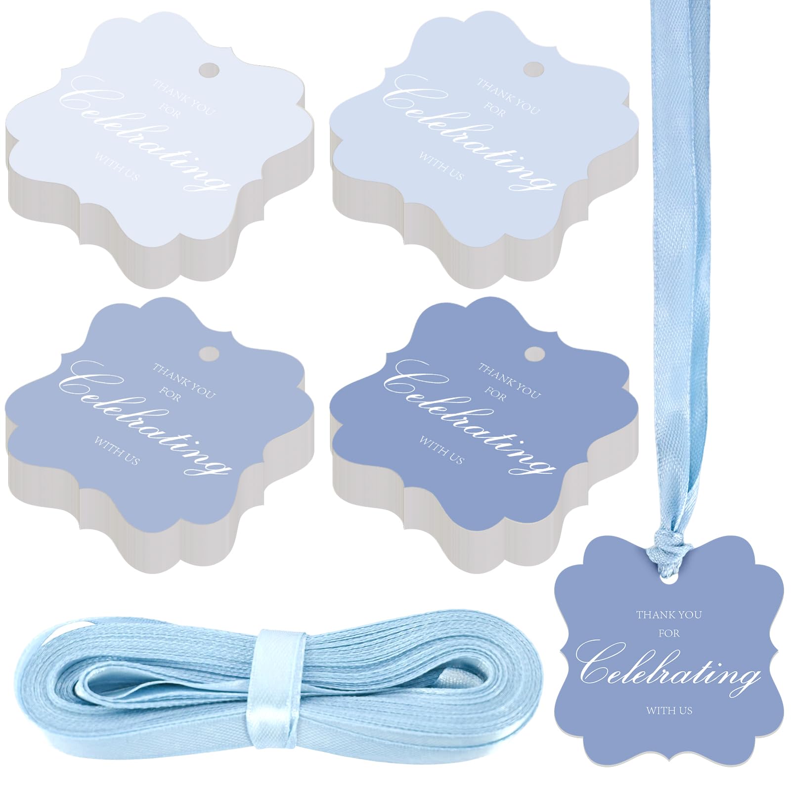 Photo 1 of 100 Pcs Blue Thank You Gift Tags with String, 2x2 Scalloped Paper Gift Tags Hanging Label Tag for Wedding, Baby Shower, Birthday, Holiday Party Favors