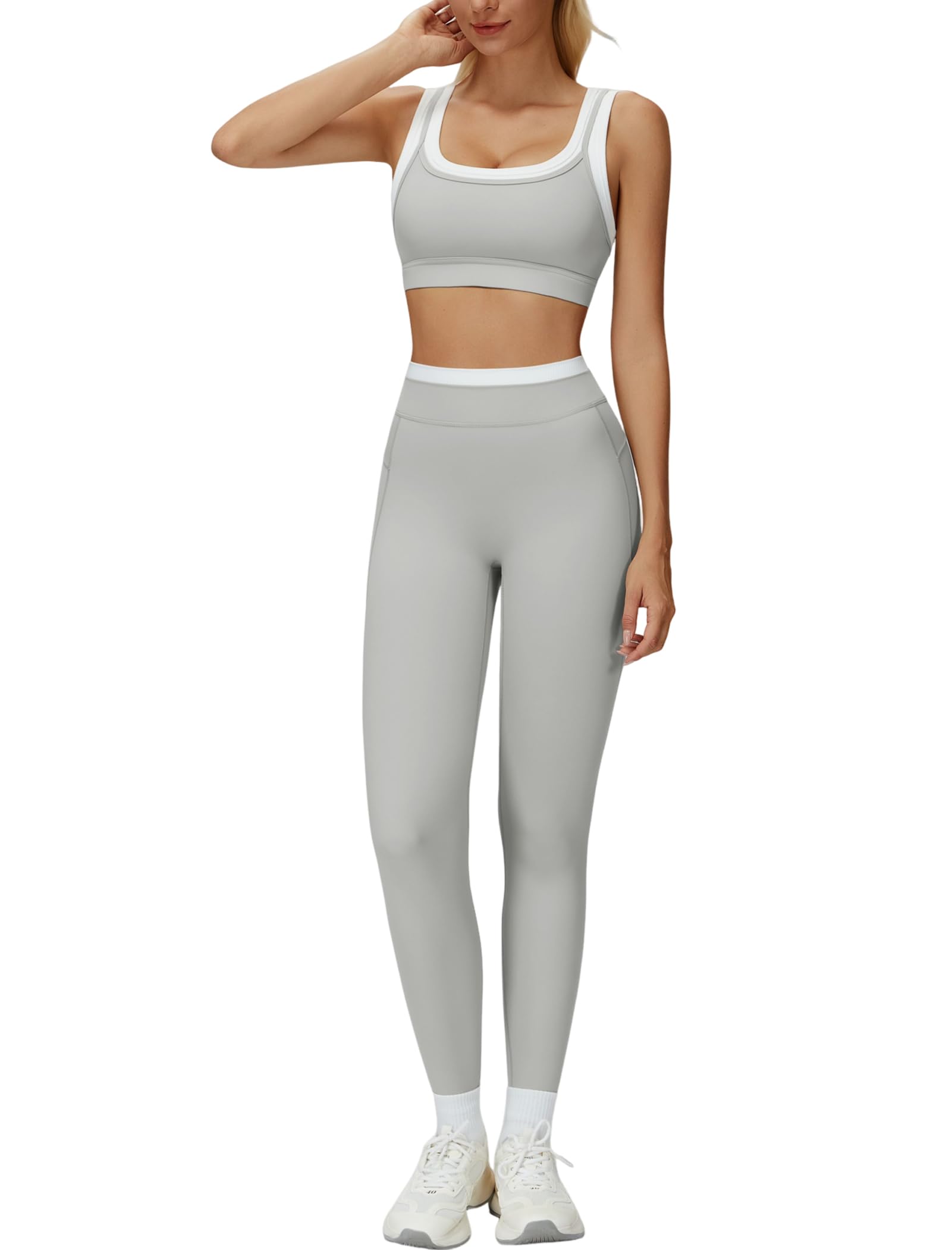 Photo 1 of 2 Piece Workout Sets for Women Color Block Racerback U Back Crop Tank Sports Bra Matching Tummy Control Leggings Womens Two Piece Active Wear Set Athletic Gym Yoga Pilates Outfits Grey S