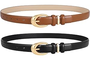 LEACOOLKEY 2 Pack Women Leather Belts for Jeans Dress Fashion Ladies Belt with Gold Silver Buckle