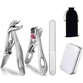 Professional Angled Head Nail Clippers Set, 3-Pcs Ergonomic Toenail Clipper for Thick Nails, Premium 304 Stainless Steel Nail Clipper with Nail File for Seniors/Women/Men(Silver)