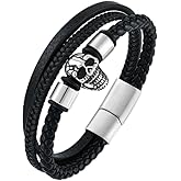 VA JENT Mens Skull Leather Bracelet Black/White Punk Cuff Bangle Stainless Steel Skull Gifts for Men