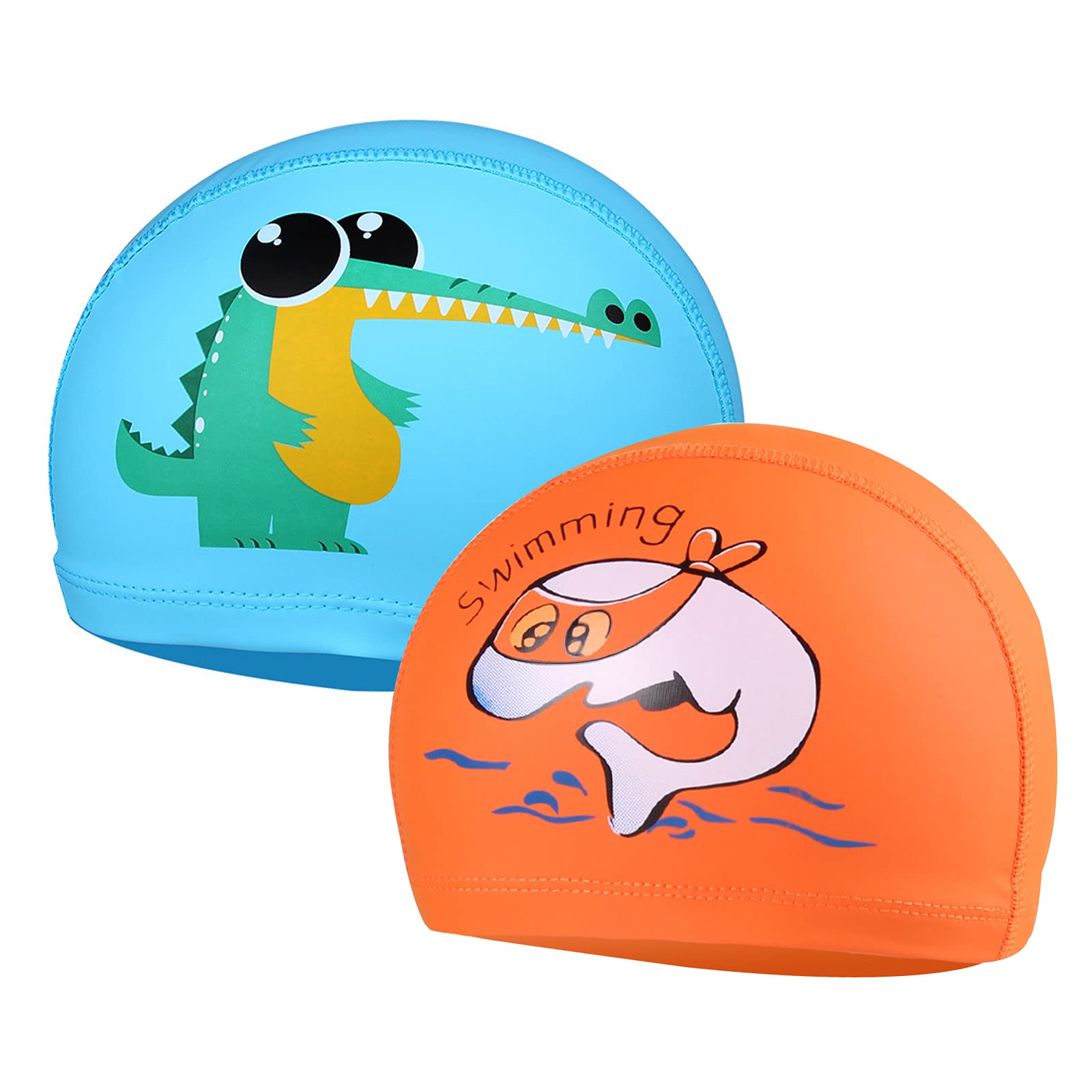 Swimming Cap x 2 pcs - Swim Cap Kids Swim Hat for Boys & Girls Aged 4-10 (Light Blue + Orange)