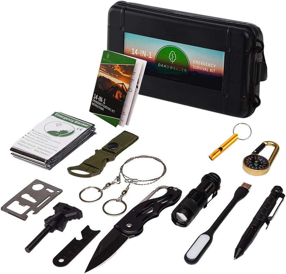 Oak Dweller Emergency Survival Kit 14 in 1, EDC Survival Gear Tool with Fire Starter, Tactical Pen, Flashlight, for Camping, Hiking, Any Outdoor Adventure or Wilderness, Best Gifts for Men Dad