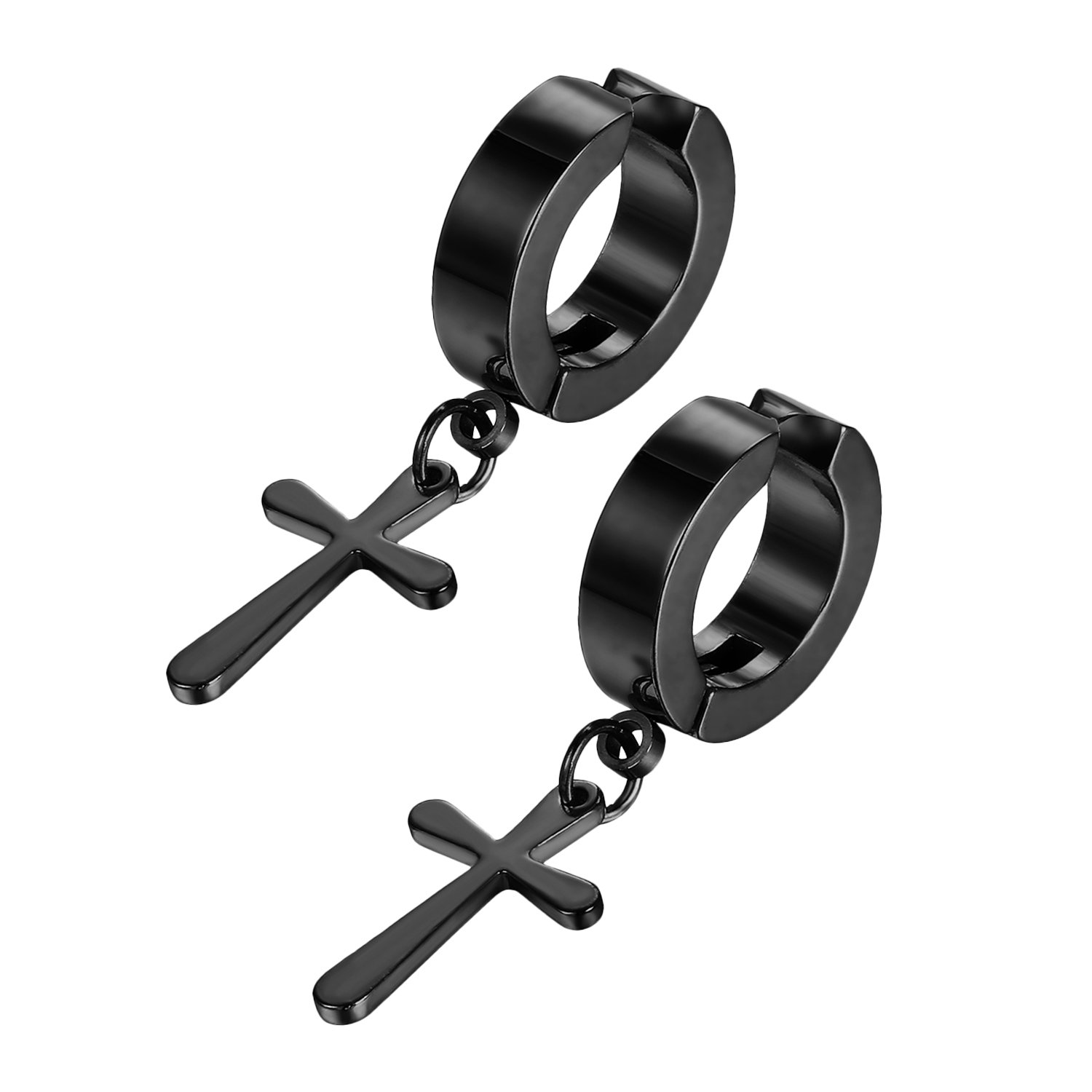JewelryWe Pair of Hip Hop Cross Dangle Hinged Hoop Earrings Stainless Steel Drop Earring For Men and Women(Black)