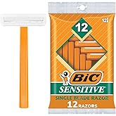 BIC Sensitive Disposable Razors for Men, Long-Lasting 1 Blade, 12 Count | For Sensitive Skin, Orange Handle, Lightweight Easy-Hold Handle, Smooth Shave, Face, Head and Body Use