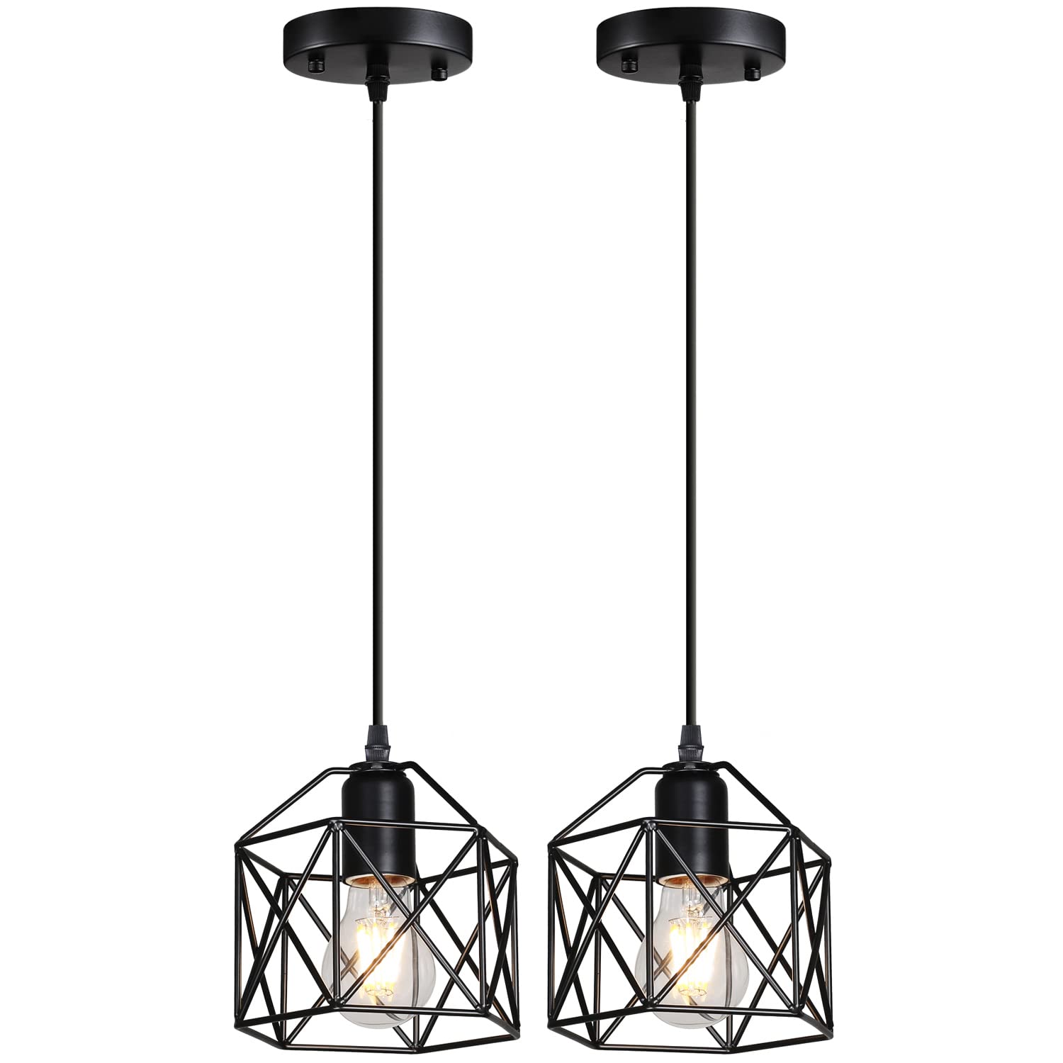 Photo 1 of 2 Pack 1 Light Vintage Hanging Light Pendant Light Fixture Farmhouse Basket Cage Hanging Ceiling Light?for Kitchen Island Dining Restaurant Room Hallway Hotel Bar Base Black Edison E26…