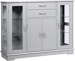 Giantex Sideboard Buffet Server Storage Cabinet W/ 2 Drawers, 3 Cabinets and Glass Doors for Kitchen Dining Room Furniture Cupboard Console Table (Gray)