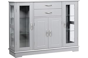 Giantex Sideboard Buffet Server Storage Cabinet W/ 2 Drawers, 3 Cabinets and Glass Doors for Kitchen Dining Room Furniture Cupboard Console Table (Gray)