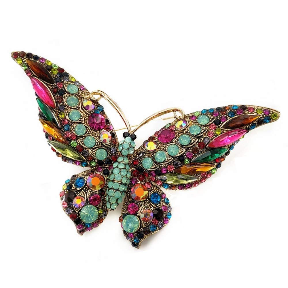 Vintage Turquoise Green Accent Multicolored Crystal Large Butterfly Brooch Statement Pin Insect Jewelry, Crystal