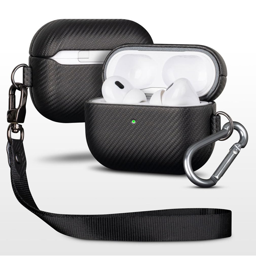 Haobobro [Carbon Fibre Texture] AirPods Pro 1 Case - Handmade AirPods Pro 1st Generation Case with Lanyard and Carabiner - Shock-Absorbing Protective Case with Premium Finish - Black