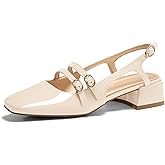 Coutgo Women's Mary Jane Chunky Low Heels Slingback Pumps Closed Square Toe Wedding Dress Shoes