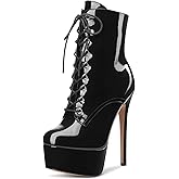Aachcol Women Ankle Boots Short Bootie Platform Stiletto High Heel Round Toe Dress Shoes Lace-up Patent 6.5 Inch