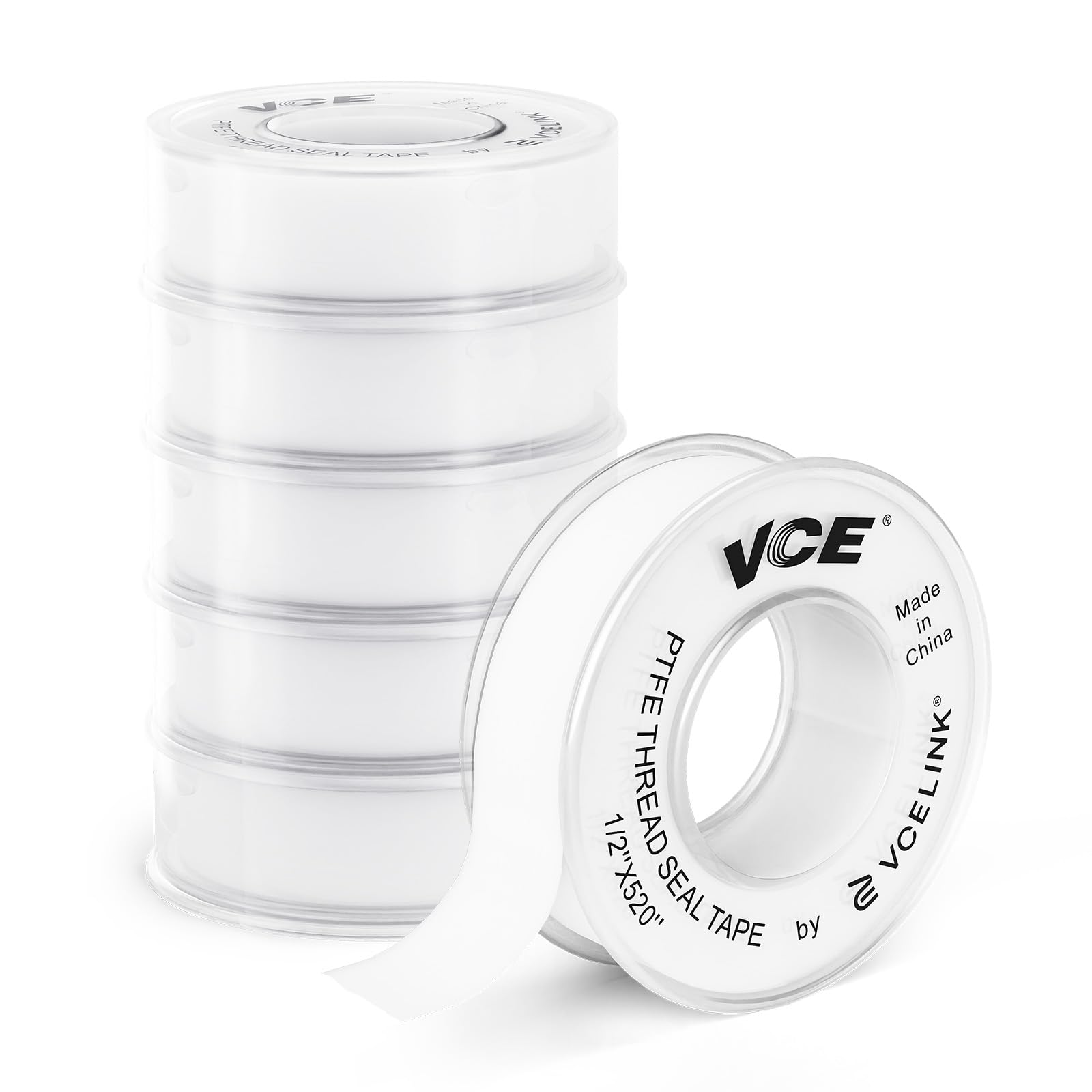 VCE VCELINK PTFE Tape Plumbers Tape to Stop Leaks, 6-Rolls Teflon Plumbing Tape for Leaking Pipe Thread Screw Head in Bathroom/Kitchen/Garden, 520" Length 1/2" Width with Snap-On Cover in White
