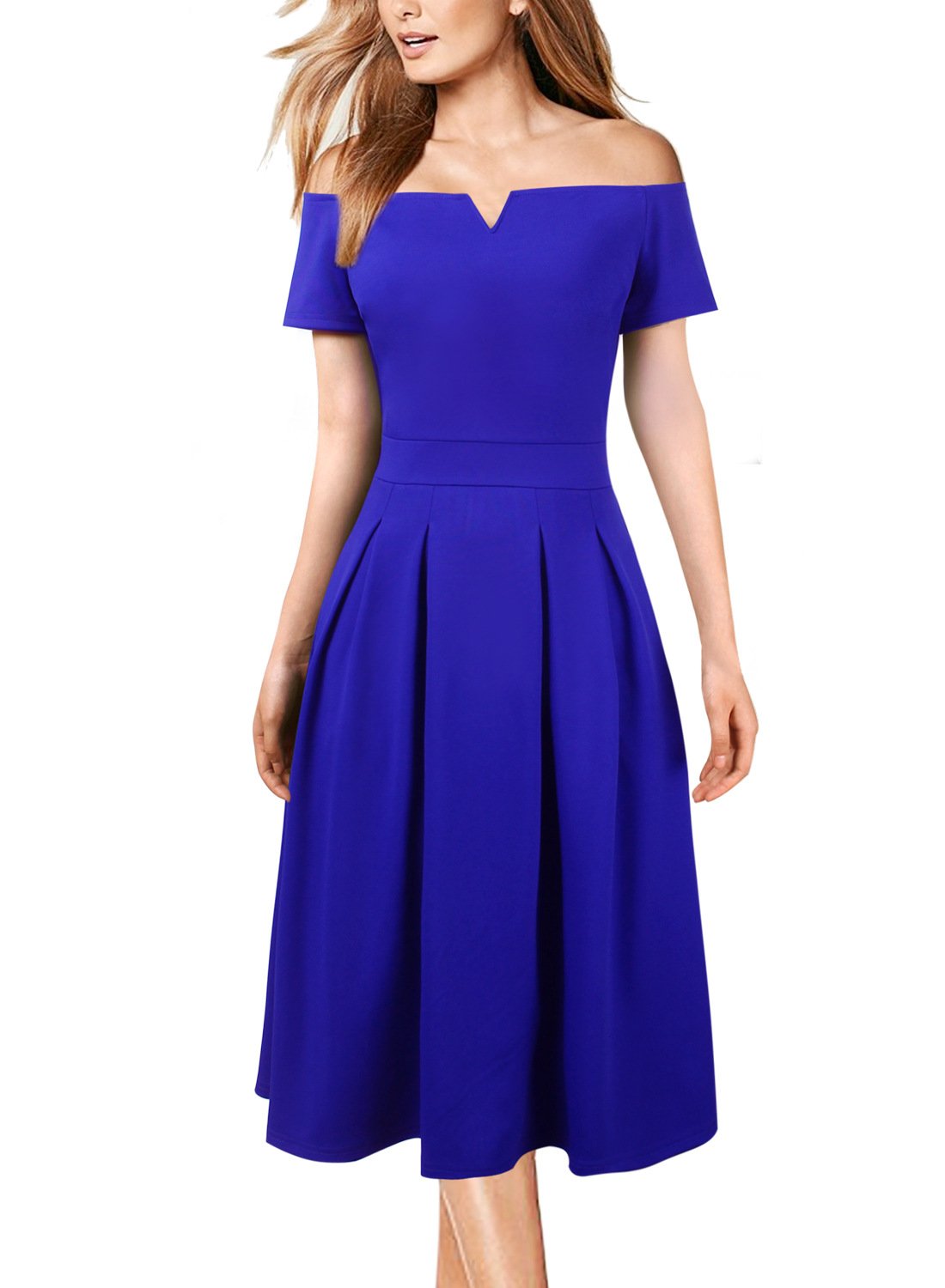 VfEmage Womens Vintage Off Shoulder Pockets Cocktail Party ALine Midi