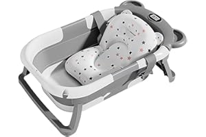 EASYFORALL Collapsible Baby Bathtub for Newborn to Todllers,Portable Travel Bathtub with Soft Cushion & Thermometer and Drain Hole, Foldable Baby Tubs for Infants 0-36 Month (Grey Baby Bathtub)
