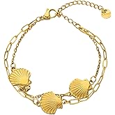 Xeyai Summer Beach Layered Stainless Steel Bracelets for Women Bohemian Gold Ocean Charm Seashell Adjustable Paperclip Chain Bracelet for Summer Beach Party Holiday Vacation Jewelry Gift