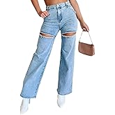 Sufedffd Women's high Waist Loose Stretch Ripped Jeans Rhinestone Trim Shiny Wide Leg Straight Jeans
