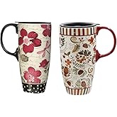 Topadorn Ceramic Coffee Mug Set of 2, 17 Oz Tea Cups with Handle and Lid for Latte, Tea, Cappuccino, Milk, Cocoa, Microwave&Dishwasher Safe, Flowers and Forest