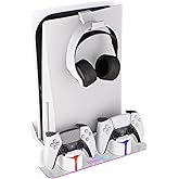 Hosanwell PS5 Wall Mount Kit with Charging Station, Compatible with PlayStation 5/Slim/Pro Disc & Digital Version, Dual Use Charging Station with Multi-Mode RGB Light, White