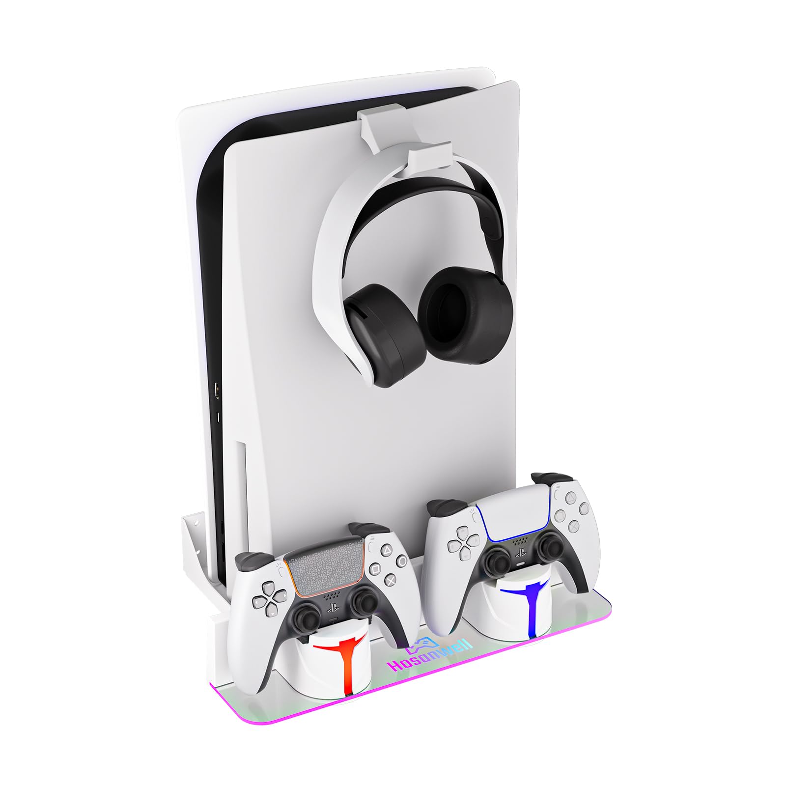 Hosanwell PS5 Wall Mount Kit with Charging Station, Compatible with PlayStation 5/Slim/Pro Disc & Digital Version, Dual Use Charging Station with Multi-Mode RGB Light, White