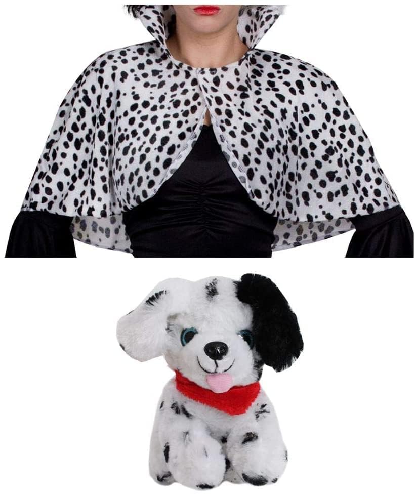 Ladies Evil Dog Lady Accessory - X-Large - Dalmatian Print Cape and Plush Toy Dalmatian Dog - Adults World Book Day Book Week Fancy Dress