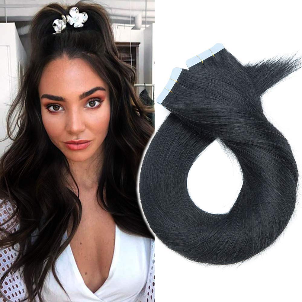 24inch Remy Human Hair Extensions Tape in 20Pcs #01 Jet Black Invisible -Skin Weft- Real Hair Extension Straight