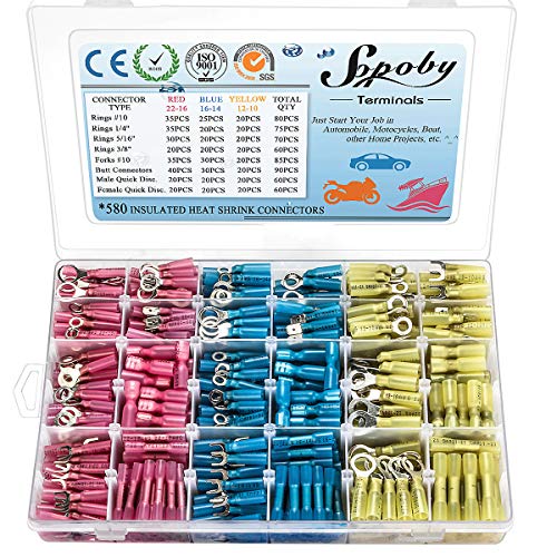 Sopoby 580 PCS Heat Shrink Connectors Electrical Terminals Waterproof Marine Automotive Crimp Wire Assortment, Ring Fork Spade Butt Splices