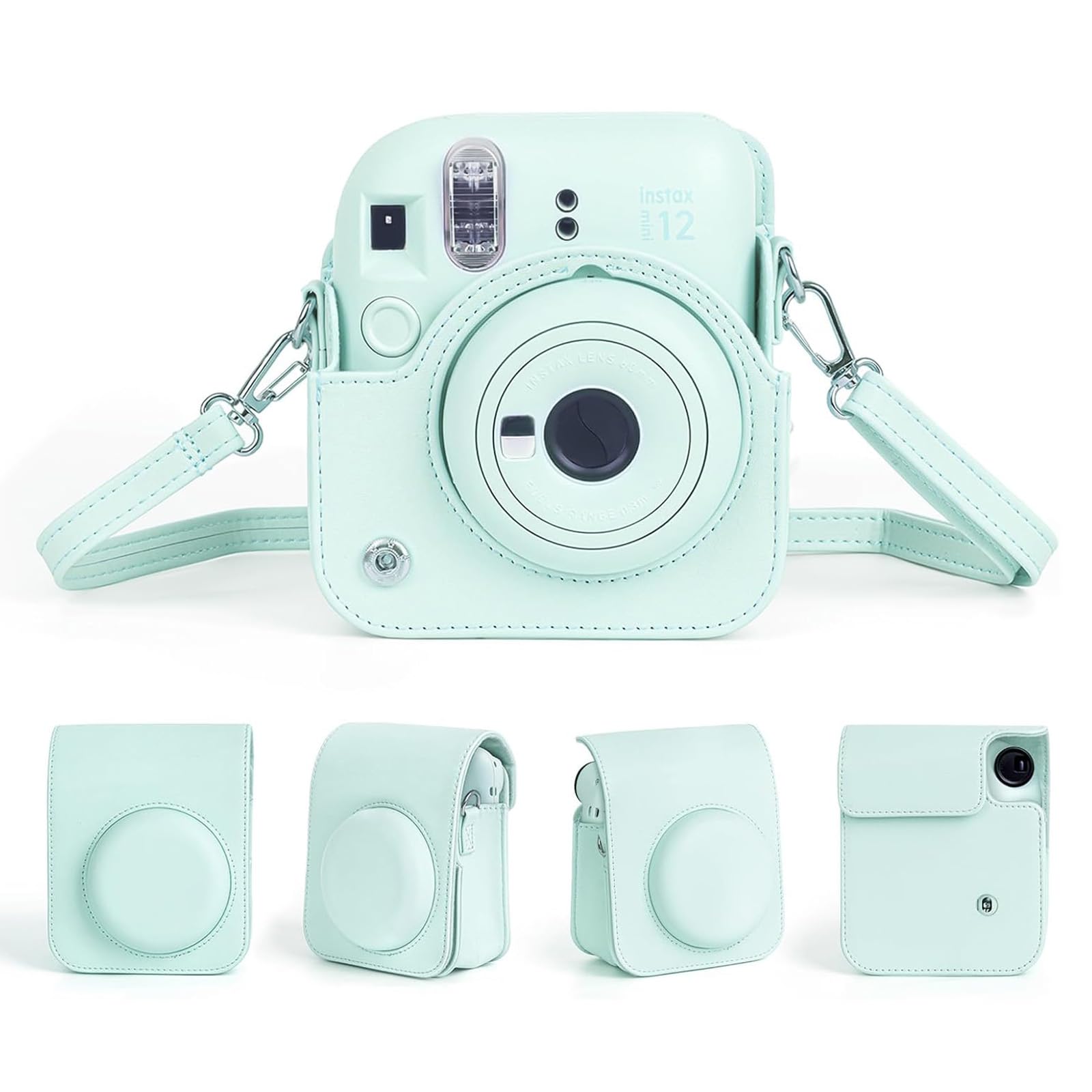 Easy Hood Camera Case for Fujifilm Instax Mini 12, Green PU Leather, Adjustable Shoulder Strap