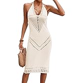 BreathSunny Womens Crochet Slim Fit Beach Dresses Summer 2025 Backless Halter Deep V Neck Bathing Suit Cover Up Midi Dress