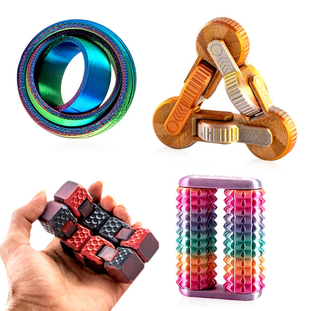 Handheld Fidget Toy for Adults, 4Pcs Fidget Toys Set Handheld Sensory Tool Finger Spinners Infinity Cube Fidget Cube Spiky Grip Fidget Toy Stress Relief Desk Cool Gadget for Kids Teen