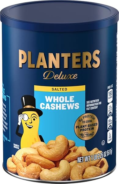 PLANTERS DELUXE SALTED WHOLE CASHEWS, PARTY SNACKS, PLANT-BASED PROTEIN, QUICK SNACK FOR ADULTS, AFTER SCHOOL SNACK, ROASTED CASHEW FLAVORED WITH SEA SALT, BULK NUTS, KOSHER, 1 LB 2.25OZ CANISTER