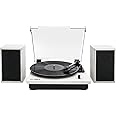 Victrola Montauk Vinyl Record Player, White Wood Finish, 3-Speed Belt Driven Turntable with Stereo Bluetooth Speaker Pair, RCA Output and 3.5mm Headphone Jack, Removable Dust Cover