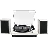 Victrola Montauk Vinyl Record Player, White Wood Finish, 3-Speed Belt Driven Turntable with Stereo Bluetooth Speaker Pair, RCA Output and 3.5mm Headphone Jack, Removable Dust Cover