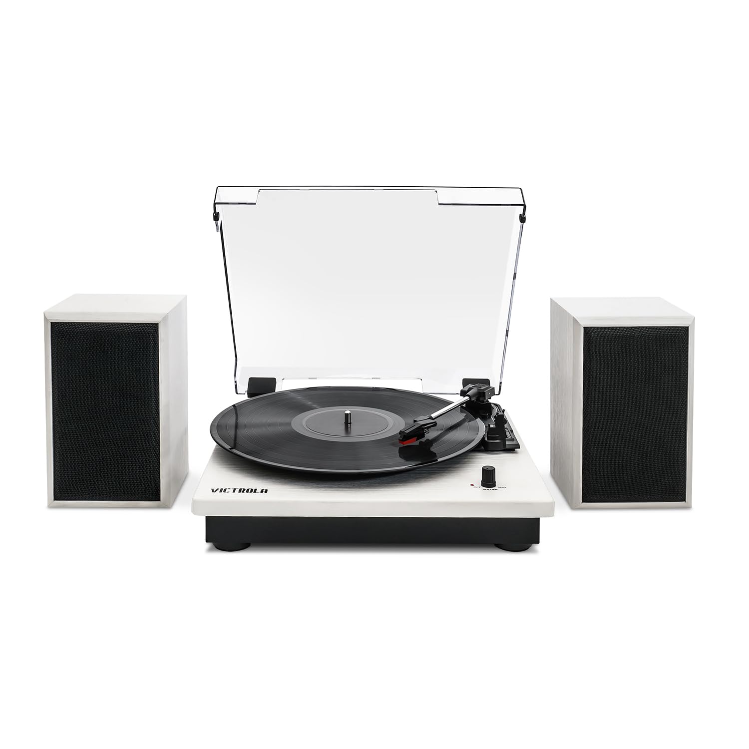 Photo 1 of ***(PARTS ONLY/ MAJOR DAMAGE/ NON FUNCTIONAL)***
Victrola Montauk Vinyl Record Player, White Wood Finish, 3-Speed Belt Driven Turntable with Stereo Bluetooth Speaker Pair, RCA Output and 3.5mm Headphone Jack, Removable Dust Cover