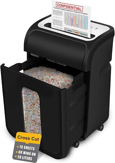 VidaTeco Cross-Cut Paper Shredder 15 Sheet 60 Min Heavy Duty 20L Bin P-4