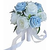 BECIEM Dusty Blue Wedding Bouquets for Bride Bridesmaid, 7 Inch Baby's Breath Ivory Artificial Roses Flowers Bridal Bouquets for Wedding Decor, Ceremony, Anniversary, Homecoming, etc.