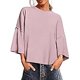 Saodimallsu Womens 3/4 Sleeve Sweaters Lightweight Crewneck Loose Pullover Casual Oversized Fall Knit Tops