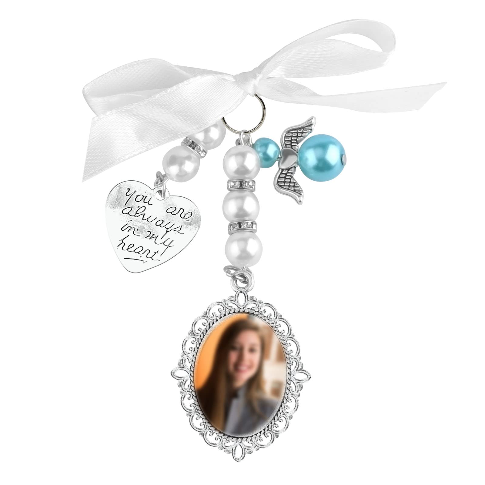 SAVITA 1 x Wedding Bouquet Photo Charm with Oval Cabochons, Photo Frame Holder Charm, Bow Butterfly Rhinestone Bead Pendant in Court Shape for Wedding Party