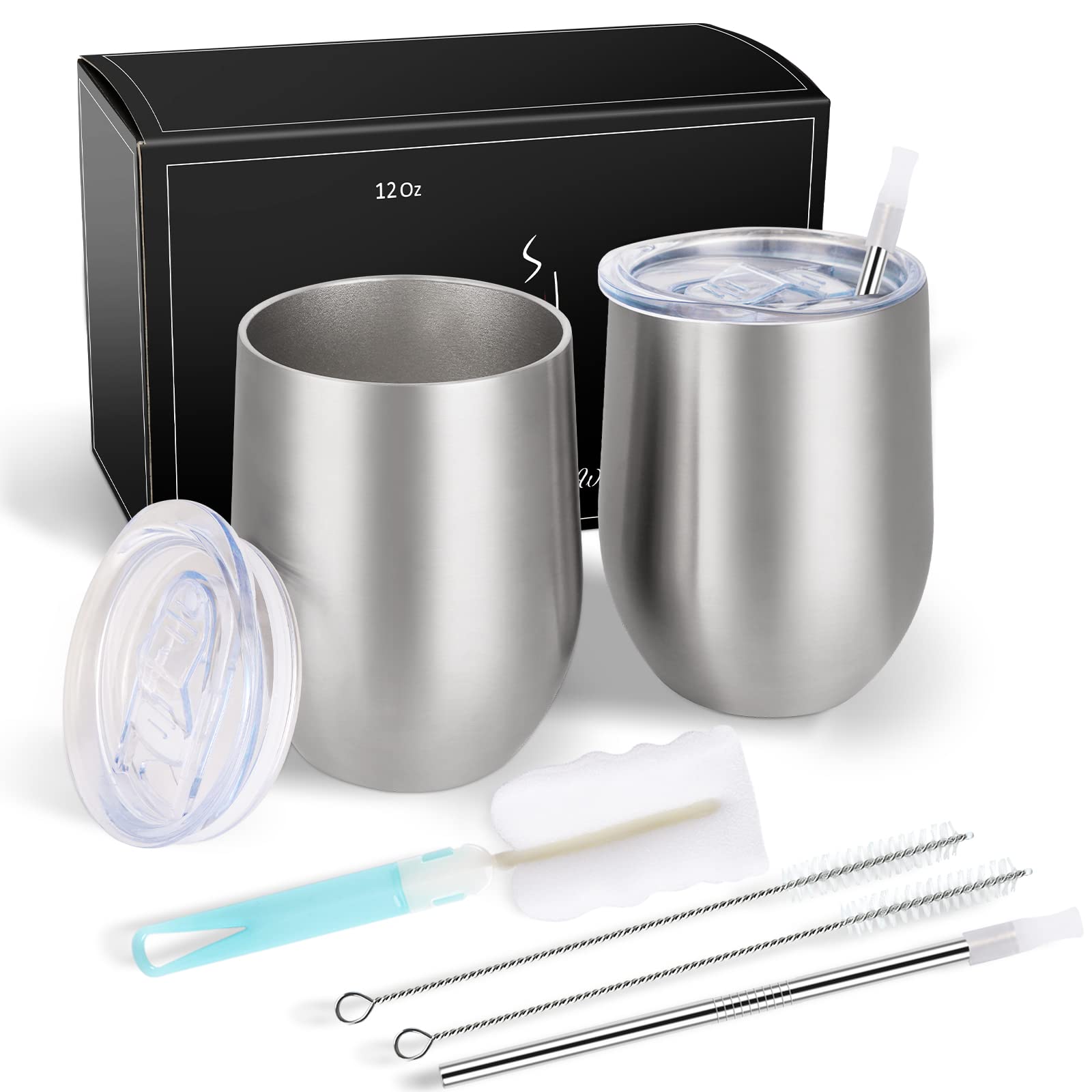 Joymaking 12oz Reusable Coffee Cup, 2 Pack Double Walled -Insulated Travel Mug Vacuum Stainless Steel Wine Tumbler with Spill Proof Lid, Great for Coffee, Tea, Milk and Wine, Silver