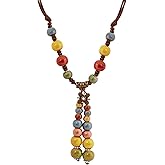 MINACHI Vintage Bohemian Colorful Ceramic Bead Antique Flower Y Necklace, Vintage Boho Hippie Statement Jewelry Gift for Women